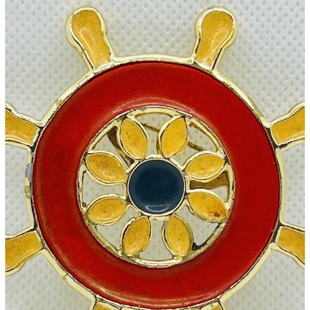 Vintage Gold Tone Ship Wheel Boat Helm Nautical Brooch Pin‎ Enamel - Picture 4 of 6